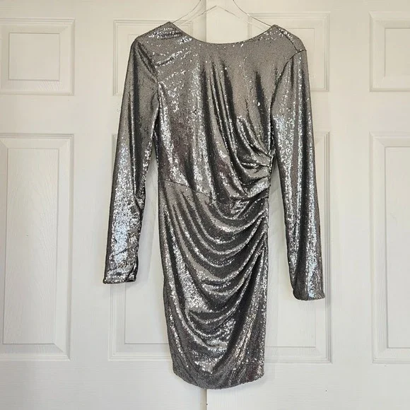 Dress the Population Emilia Sequin Long Sleeve Dress Womens Gray Size M